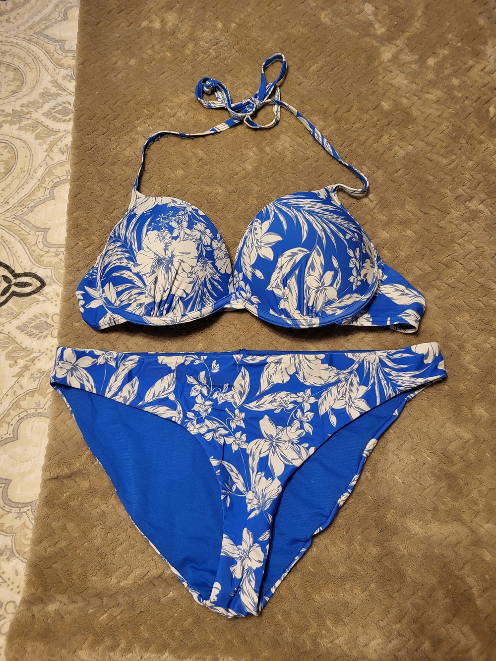 Blue Floral Halter Bikini Set - Women's Two-Piece Swimwear